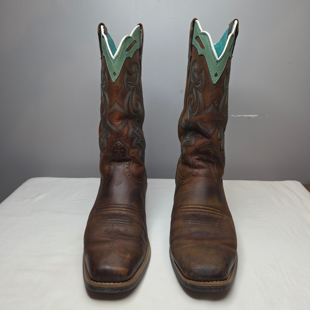 Justin Boots Womens Brown Leather Teal Square Toe Western Cowboy Boots 10B